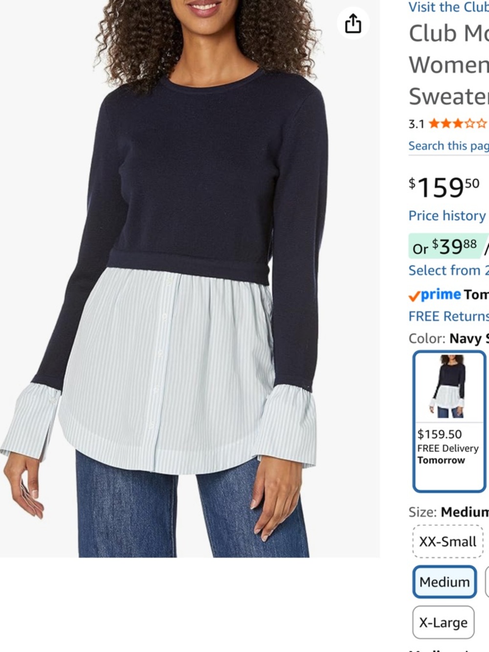 Club Monaco Navy Sweater with White Striped Shirt Hem